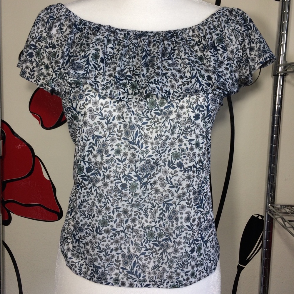 H&M BLUE FLORAL RUFFLE STRAPLESS TUBE TOP